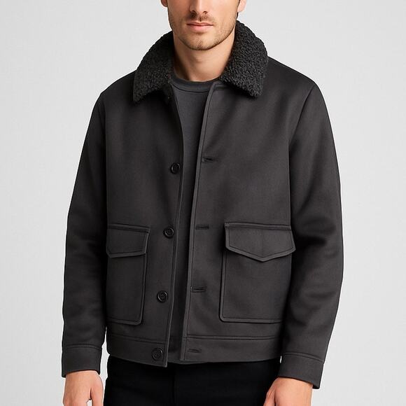 Express Faux Suede Sherpa-Lined Trucker Chore Jacket Charcoal Gray NWT - Picture 1 of 8